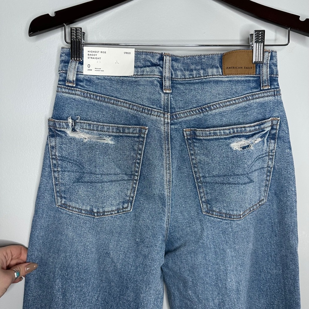 American Eagle‎ Highest Rise Baggy Straight Jeans Women 0 NWT Distressed Knee - Picture 5 of 9